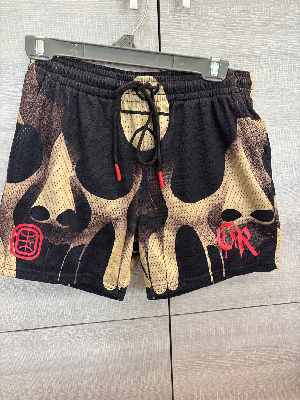 Overtime Athletic Mesh Shorts in Black and Tan with Red Accents